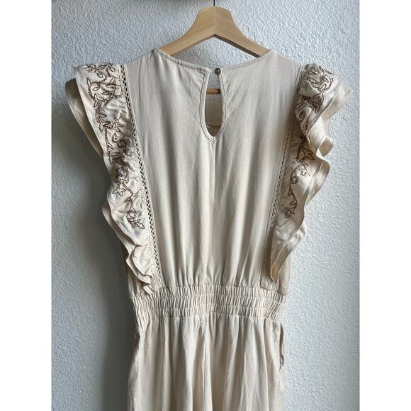 Especia Flora Tan Ruffle Embroidered Linen Jumpsuit - Picture 7 of 10